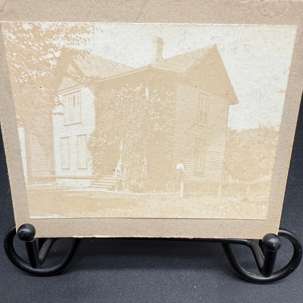Antique Mounted Photo Woman With Bicycle Beside‎ Victorian House Early 1900s
